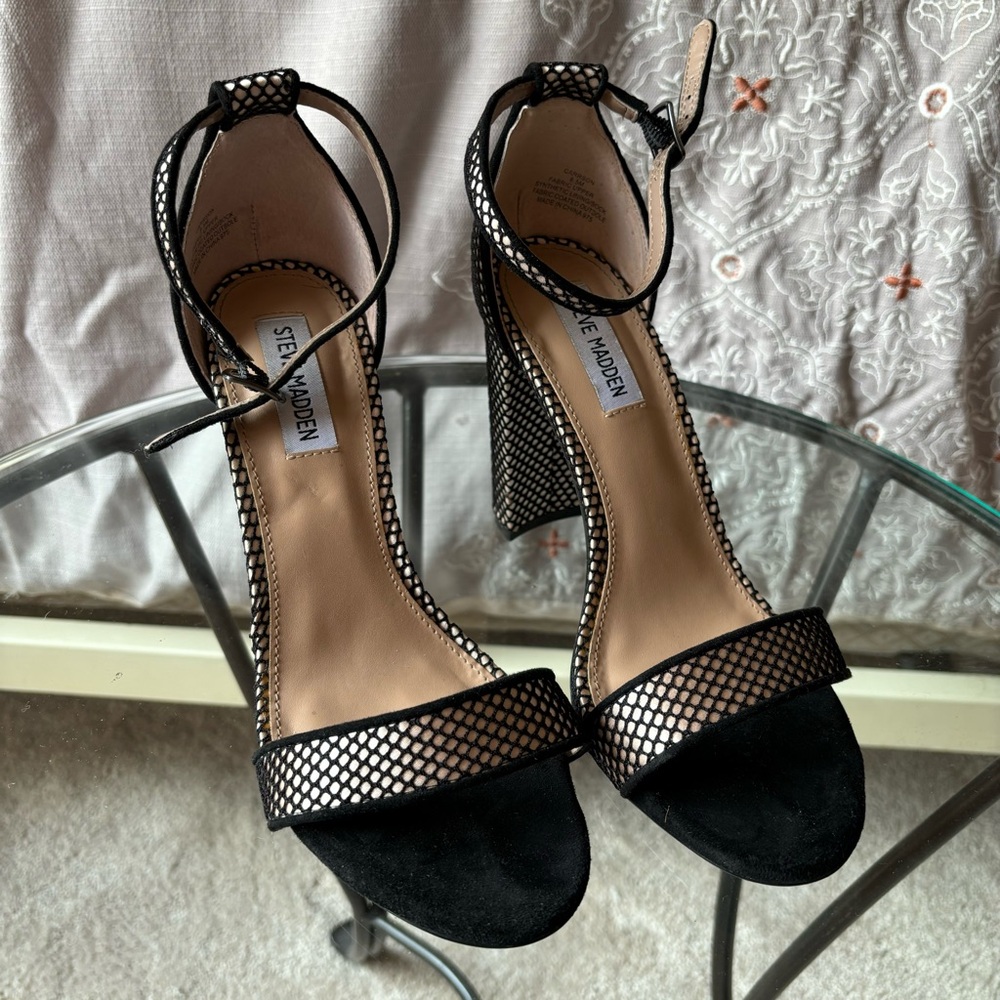 Steve Madden Black Mesh Ankle Strap Block Heel Sandals
